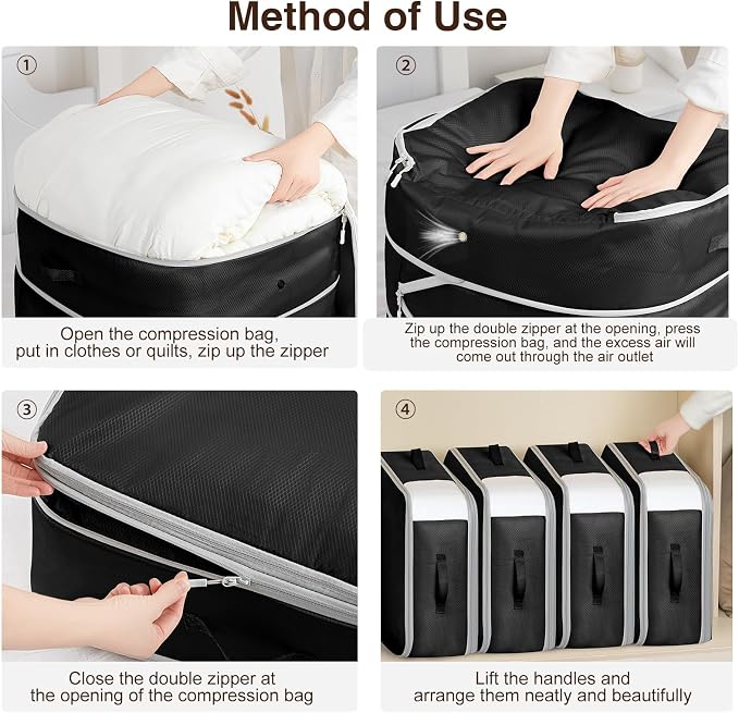 Homsorout 4 Pack Compression Storage Bags - 110L Large Capacity Comforter Storage Bag, 3-Layer Washable Ultra Space Saving Self Compression Organizer Space Bags for Blanket, Sweater, Sheet, Black