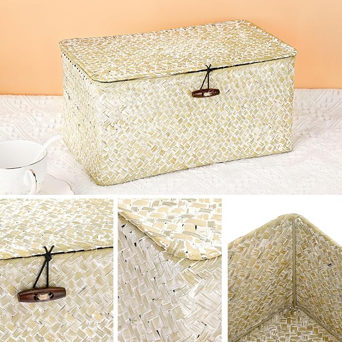 Hipiwe Seagrass Storage Basket Bins with Lid Handwoven Wicker Shelf Baskets | Rectangular Basket Household Organizer Boxes for Shelf Closet Bedroom Home Decor, Whitewash Medium