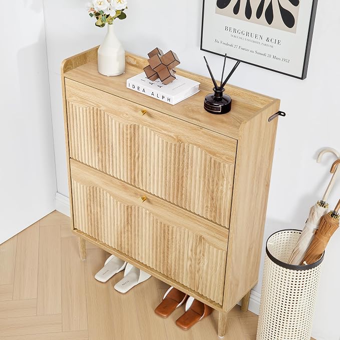 BERRYMERRY Oak 31.5" Fluted Shoe Storage Cabinet with 2 Flip Drawer | narrow,entryway,adjustable feet,32 pairs shoe,shoe organize,hidden shoe rack,fluted panel,wave pattern,wood,space saving