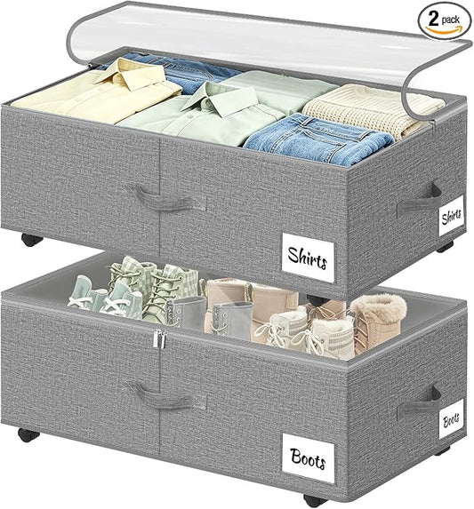 Under Bed Storage with Wheels, 2 Pack Underbed Storage Containers with Clear Lid & Label, XXL 75L Easy Assembly Rolling Under Bed Shoe Storage for Clothes, Shoes, Blankets, Gray(28.3 X 16.5 X 9.5 in)