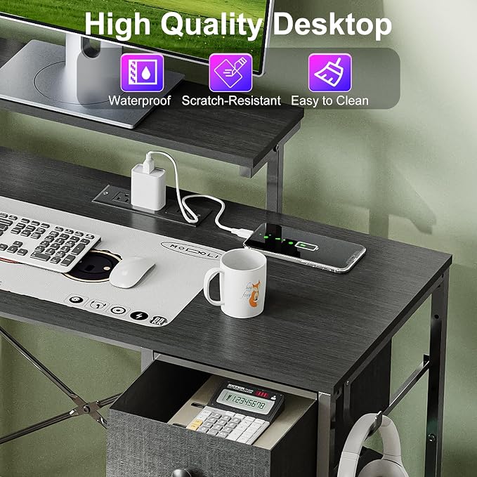 X-cosrack 33.5" Small Gaming Desk with LED Lights & Power Outlets, Compact Computer Desk with Monitor Stand & CPU Stand, Gamer Table with Storage Drawer, Side Hooks for Home Office, Bedroom, Black