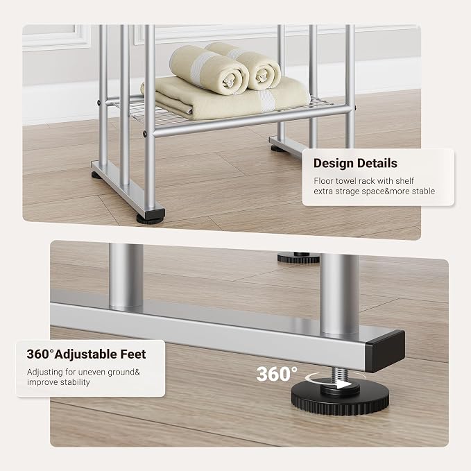 ELYKEN 3 Tier Freestanding Towel Rack with Shelf, 40" H Towel Stand, Silver | Metal Drying Rack for Oversized Bath Towels & Blankets, 4 Hooks, Indoor & Outdoor Use, Fits Bathroom, Tub, Shower, Poolside