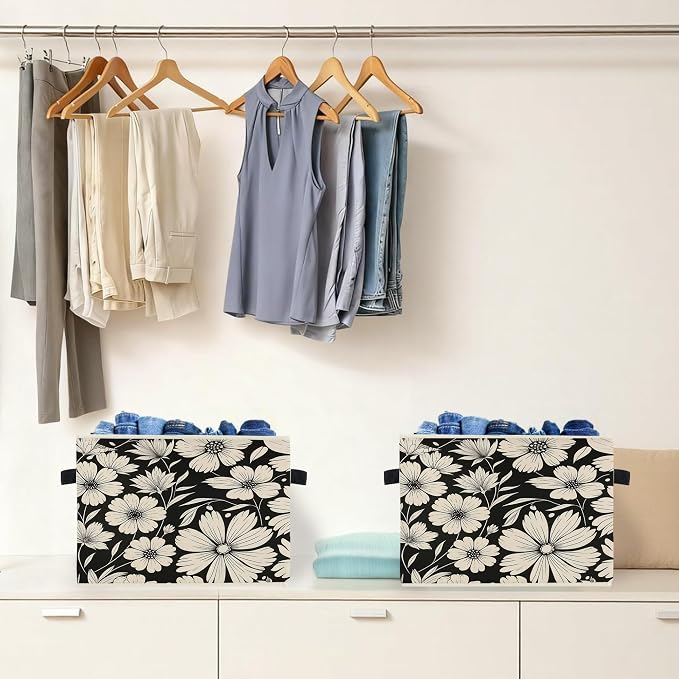 Black and White Floral Storage Box Bins, Vintage Botanical Daisy Flower Collapsible Storage Basket Organizer for Bedroom Laundry Room Home Clothes Books, Decor for Room