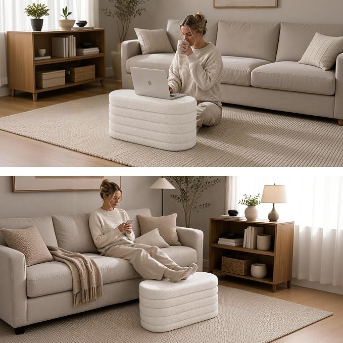 GLAXYFUR Oval Storage Ottoman Bench, 30 Inches Entryway Shoe Seat | Upholstered Ottoman with Storage, End of Bed Stool Blanket Chest, For Living Room, Hallway, Sherpa White