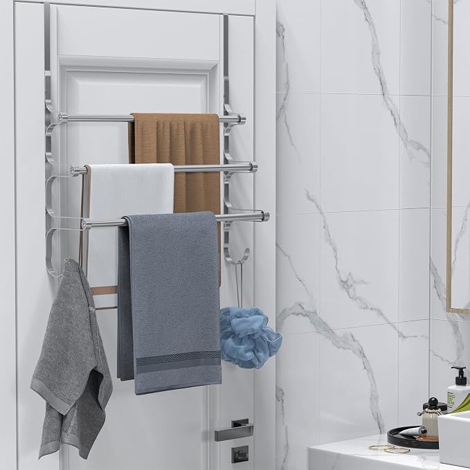 CANYAVE Over The Door Towel Rack, Extendable Triple Towel Storage Holder with Hooks, 24.02 Inches Towel Bar Hanger Towel Racks for Bathroom (Silver)
