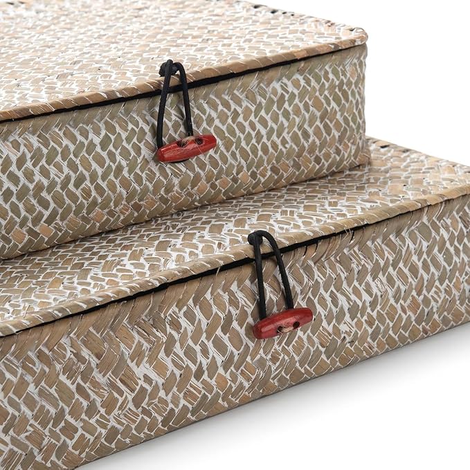 Seagrass Storage Baskets with Lids, Flat Wicker Basket, Shallow Woven Basket for Shelf, Decorative Storage Boxes for Organizing (Whitewash)