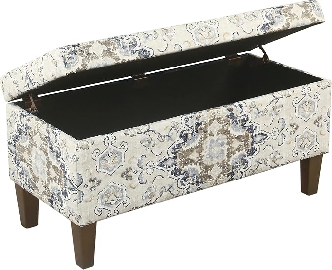 HomePop Ottomon Upholstered Rectangular Storage Ottoman Bench with Hinged Lid, Brown and Cream Large