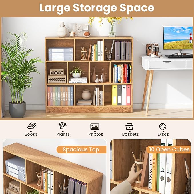 Giantex 10 Cube Bookcase, 4-Tier Freestanding Bookshelf w/ 10 Open Compartments, 2 Anti-Tipping Kits, Modern Display Cabinet, 41" Wood Cubby Storage Organizer for Living Room, Bedroom, Natural