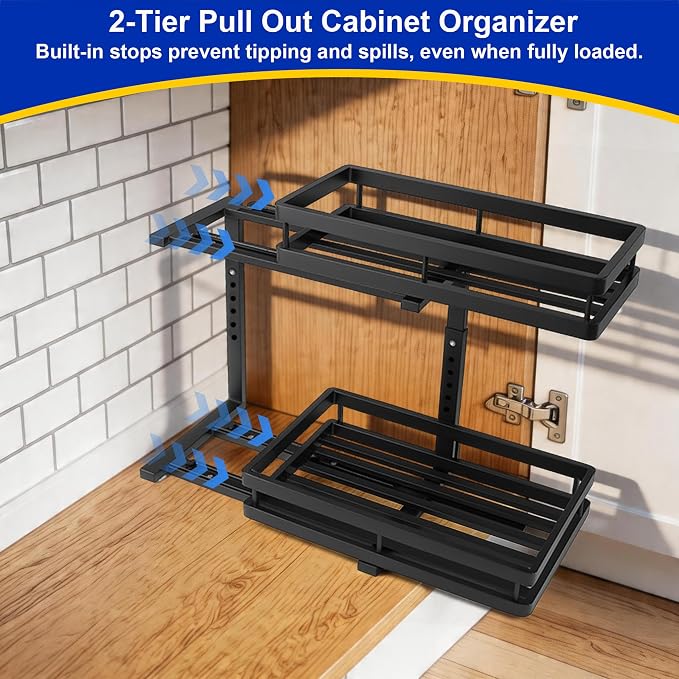 2 Pack Under Sink Organizer, 2-Tier Metal Shelf, Black | Carbon steel 2-tier set, ball-bearing slides, adjustable height, no-drill setup, for kitchen and bathroom cabinets