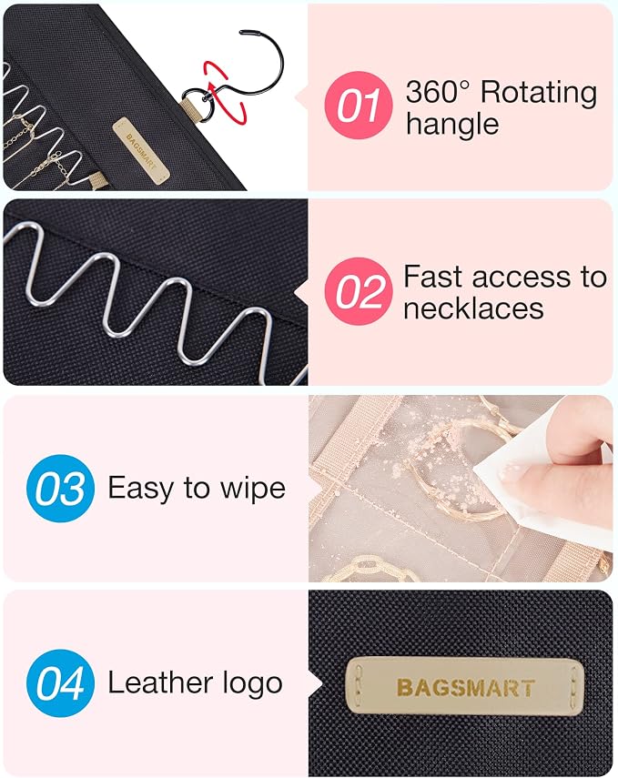 BAGSMART Hanging Jewelry Organizer Necklace/Earring/Ring 2-Sided L Black | Jewelry Holder Organizer Storage with Hanger Metal Hooks Double-Sided Jewelry Holder on Closet, Wall, Door
