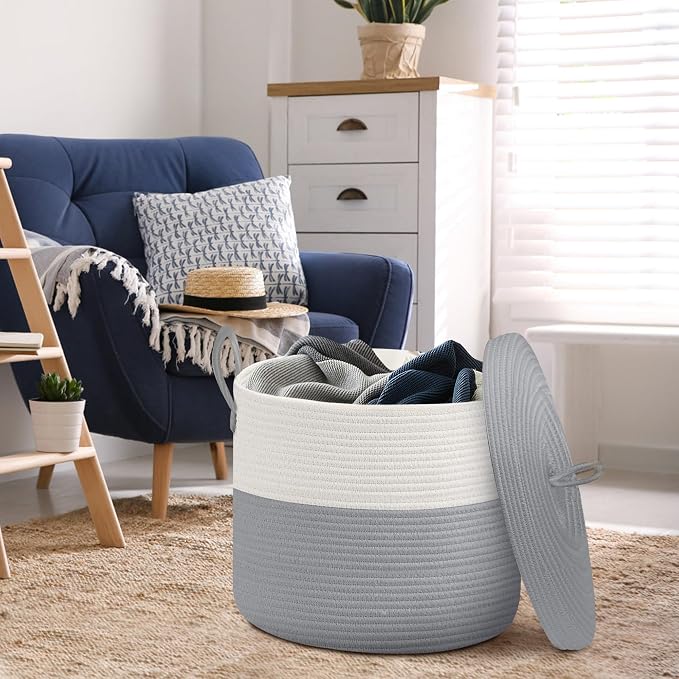 18" X 14" Large Wicker Basket with Lid, Blanket Basket Living Room, Woven Cotton Rope Storage Bin, Kids Dog Toy Storage Bin Box, Tall Laundry Hamper, Blankets Pillows Organizer Holder