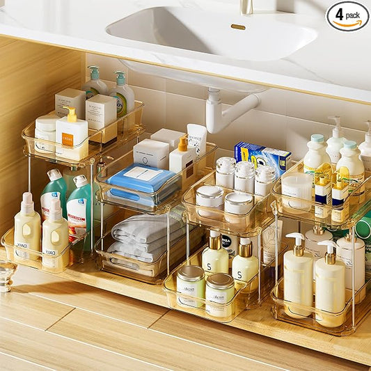 Delamu 2-Tier Under Sink Organizers and Storage, Multi-Purpose Stackable Bathroom Cabinet organizers, Pull Out Kitchen Pantry Organization and Storage with Dividers(4 Pack, Amber)
