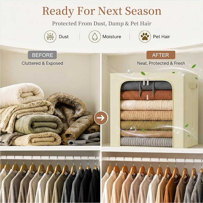 GoMaihe Blanket Storage Bins with Metal Frame for Closet, 55L 6-Pack Beige | Winter Coat Clothing Comforters Bedding, Closet Top Shelf Organizer, Collapse-Proof Stackable, Clear Window Dual Access