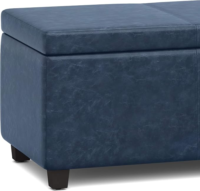 SIMPLIHOME Avalon Storage Ottoman Bench - 48" Wide x 16" High Upholstered Vegan Leather Rectangular Lift-Top Ottoman in Denim Blue, Contemporary Storage Bench for Living Room with High-Density Foam