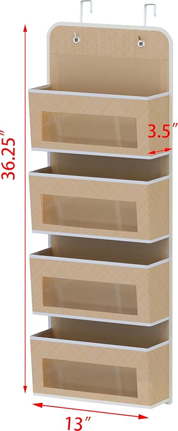 Simple Houseware 4 Clear Window Pocket Over Door Hanging Organizer, Beige | Over the Door Storage for Closet, Bedroom, Bathroom, Pantry
