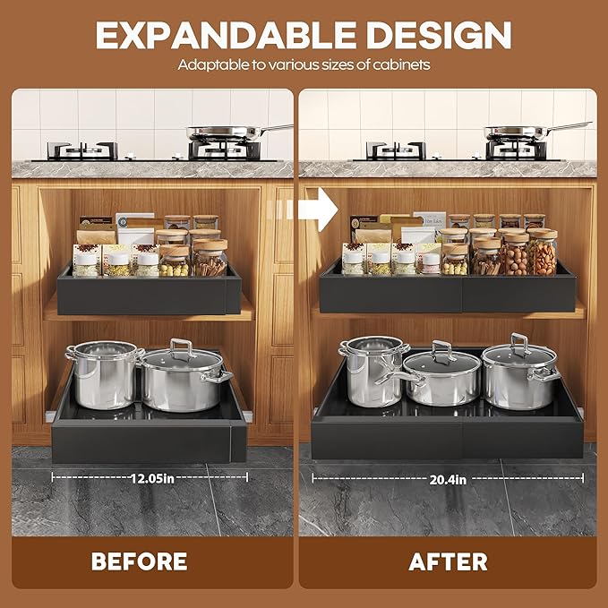 Seinloes 2Pack Expandable Pull Out Cabinet Organizer 21"Deep with Raising Pad for Framed Cabinets, Upgrade 3 Slide Rails Slide Out Drawers, Roll Out Shelves Adhesive,Adjustable Width 12.05"-20.4"Black