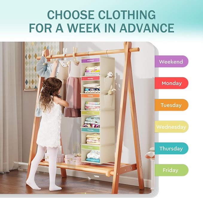YOUDENOVA Weekly Clothes Organizer for Kids, Hanging Closet Organizer | Days of the Week Clothes Organizer, Reinforced Bamboo Slats, Kids' School Outfit Planning, Breathable Fabric, 2 Side Pockets
