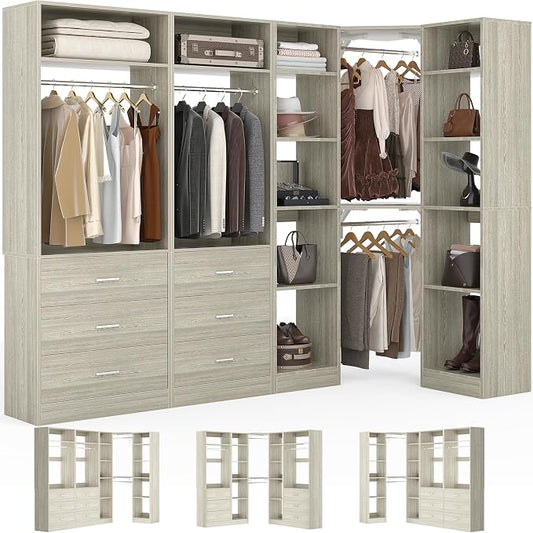 Besiost Corner Closet System with 6 Drawers, Closet Organizer System with 14 Shelves & 4 Hanging Rods, 87.2"L * 39.2"W / 63.2"L * 63.2"W Reversible L Shaped Walk-in Closets, Load 2500+LBS, White Oak