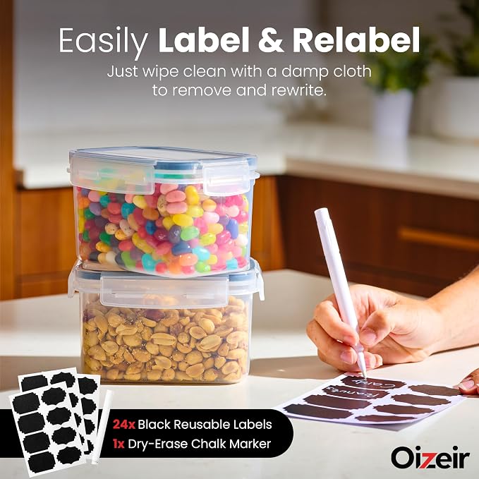 Oizeir Airtight Food Storage Containers with Lids 24-Pack, Pantry Kitchen | 24-Pack BPA-Free Airtight Plastic Food Containers, Snap Lids for Pantry Kitchen, Flour Sugar Rice Cereal Pasta, Clear