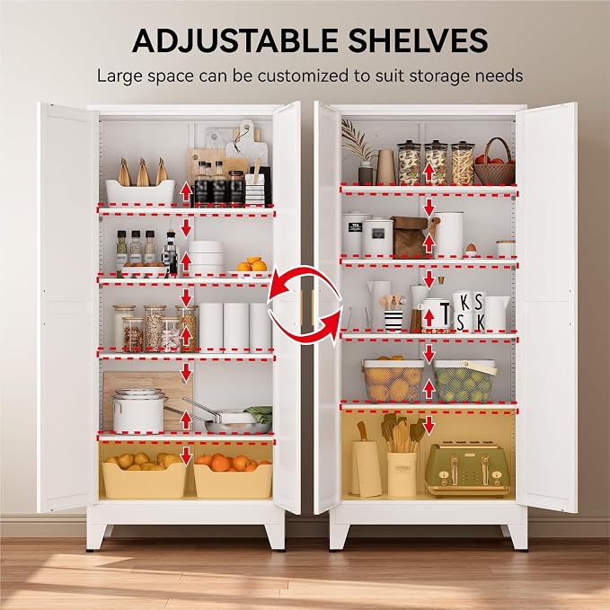 COFaR 71" Metal Pantry Cabinet with 5 Adjustable Shelves, White Storage Cabinet with Doors, Sturdy Freestanding Cupboard for Kitchen Organization, Living Room & Bathroom