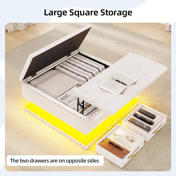 Large Square Ottoman with Storage, Square Storage Ottoman Coffee Table | Coffee Table Storage Ottoman Bench with Lift Top and Two Tier Drawers, LED Ottoman Bench with Charging Station,Beige