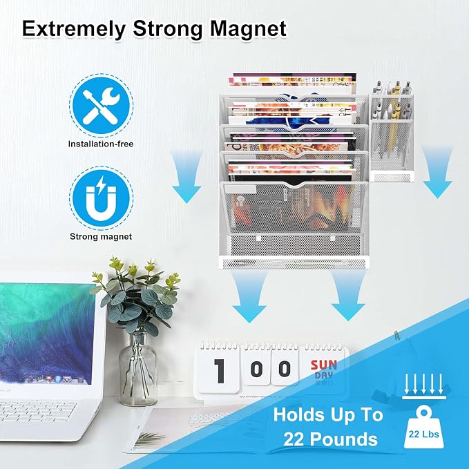 Magnetic File Holder, Magnetic File Organizer Wall Mount, 5 Tier Hanging Mail Organizer Folder Holder, Mesh Desk Accessories and Organizers, Paper Document Magazine Rack with 3 Pen Holder