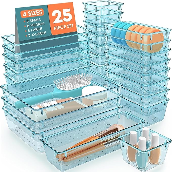 SpaceHacks 25 PCS Plastic Drawer Organizer Set, 4-Size Versatile Organizer Trays & storage Bins for Makeup, Jewelry, and Gadgets in Bathroom, Bedroom and Office, Sea Blue