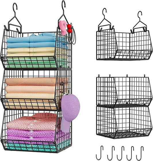X-cosrack 3-Tier Hanging Closet Organizer, Laundry Room Organization | Space Saving Shelves with 1.65" Hook & 5 S-Hooks | Hanging Wire Baskets (12.4" W x 8.8" H x 10.24-11.8" D)