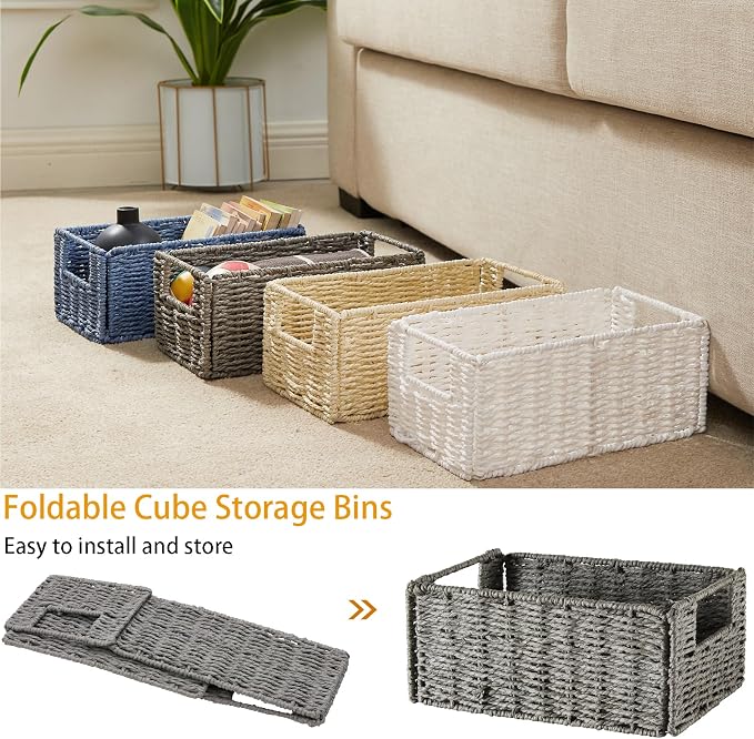 Vagusicc Wicker Storage Basket, Set of 2 Hand-Woven Paper Rope Wicker Basket, Small Storage Baskets for Organizing Toilet Paper Basket, Foldable Large Cube Storage Organizer Bins for Shelves (Beige)
