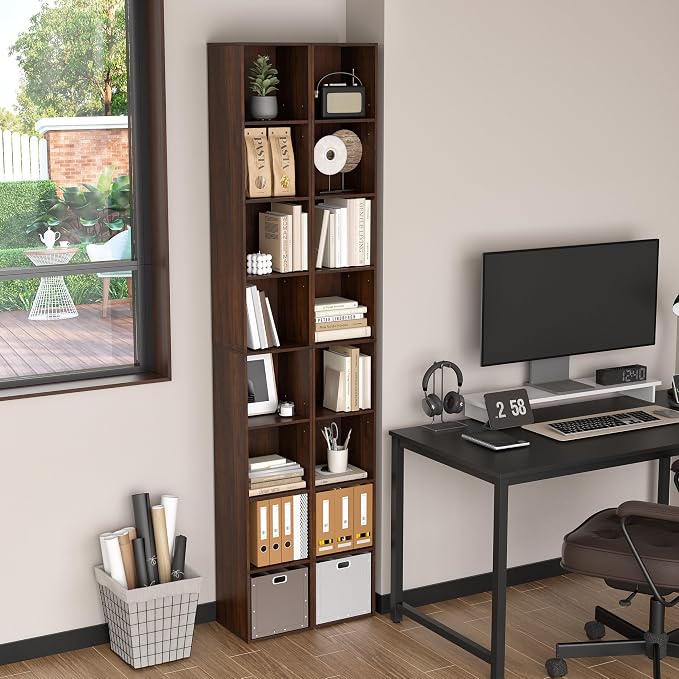 8-Cube Storage Organizer Bookcase, Tall Narrow Bookshelf for Home Office (Dark Brown)