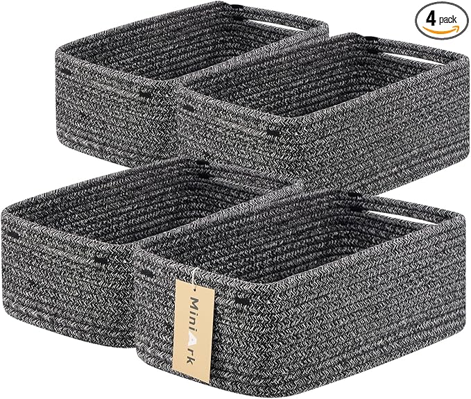 MiniArk Small Storage Baskets for Organizing | Closet Organizer Bins | Shelf Toy Basket | Woven Rope Baskets | Cube Decorative Box | Shallow Basket | 13x8.5x5.1” | 4 Packs Dark Gray
