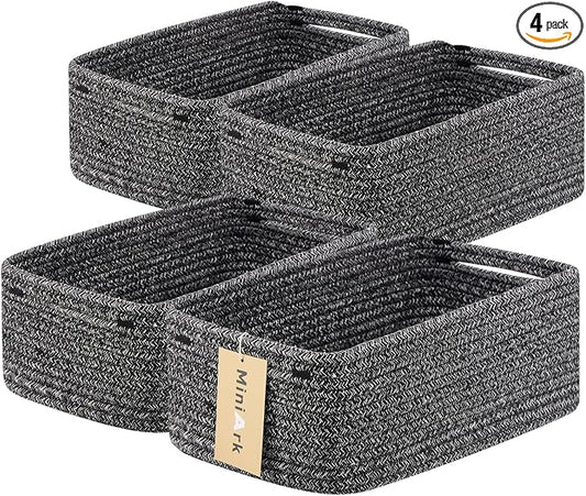 MiniArk Small Storage Baskets for Organizing | Closet Organizer Bins | Shelf Toy Basket | Woven Rope Baskets | Cube Decorative Box | Shallow Basket | 13x8.5x5.1” | 4 Packs Dark Gray