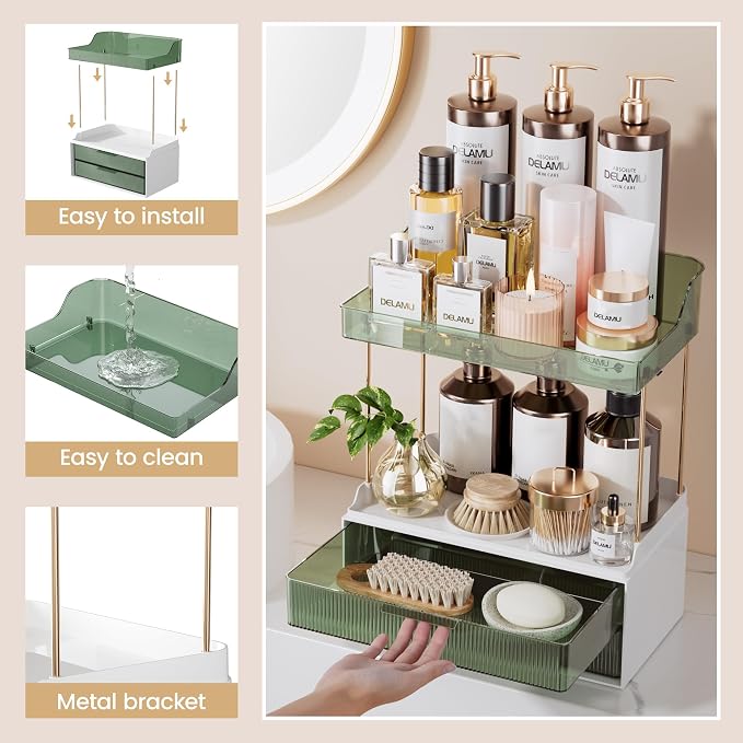 Delamu 4-Tier Makeup Organizer, Bathroom Counter Storage, 2 Drawers,Green | Elegant Vanity Organizer Gift for Women, Holds Perfume, Skincare, Nail Polish & Hair Accessories for Bathroom Countertop