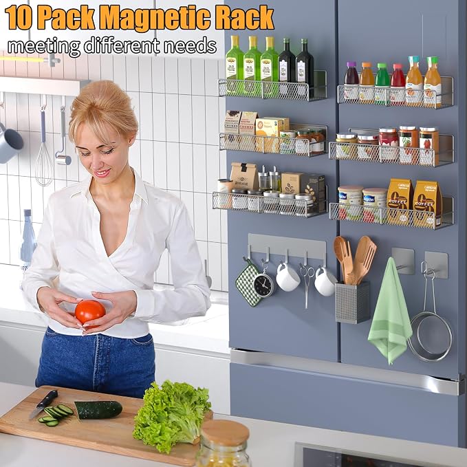 Magnetic Spice Rack for Refrigerator, 10 Pack 100% Metal Strong Magnet Shelf, Moveable Spice Organizer W/ Adjustable Paper Towel Holder, Hook Rack & Utensil Caddy, Home Kitchen Laundry Storage, Grey