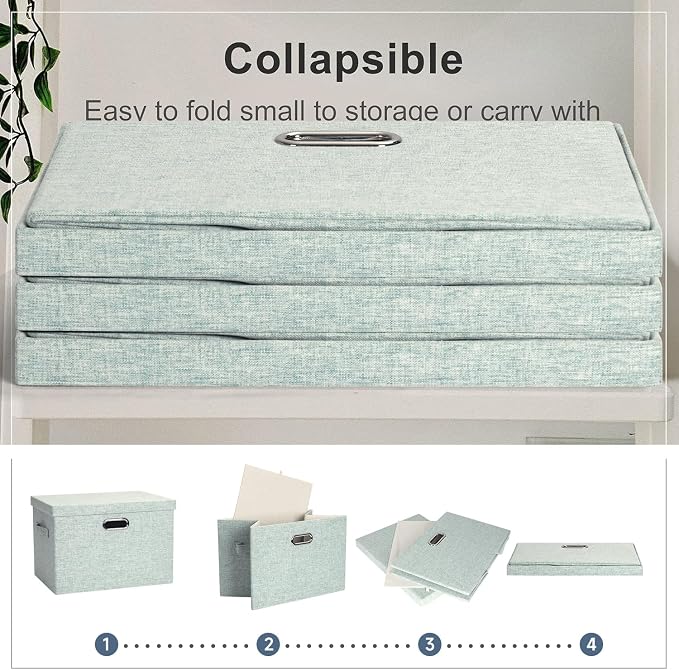 Storage Bins with Lids Fabric Closet Organizers Cubes Office Organization | 36 Quart 3 Pack Light Green Collapsible Stackable Linen Fabric 4 Handles Bedroom Closet Cabinet Under Bed Clothes Toy Office