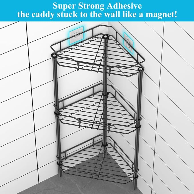 HuggieGems 3 Tier Floor Standing Corner Shower Caddy Organizer Shelf with Hooks, Bathroom Shelves Stand Rack, Black