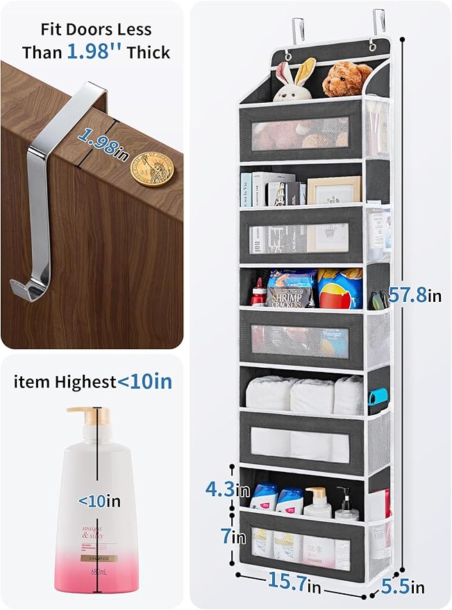 JARLINK Over the Door Organizer for Bedroom, Pantry Bathroom, 5 Shelf Black | Anti-Tilt Design, 44 lb Load Capacity, Hanging Door Organizer with 5 Large Capacity Pockets, Behind Door Storage for Nursery