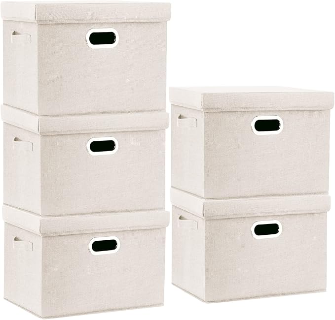 Large Storage Bins with Lids, Collapsible, Washable, Fabric Storage Boxes for Organizing, 17.3x11.8x11.4 inches, 5 Pack, Beige