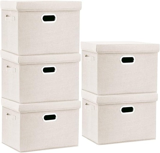 Large Storage Bins with Lids, Collapsible, Washable, Fabric Storage Boxes for Organizing, 17.3x11.8x11.4 inches, 5 Pack, Beige