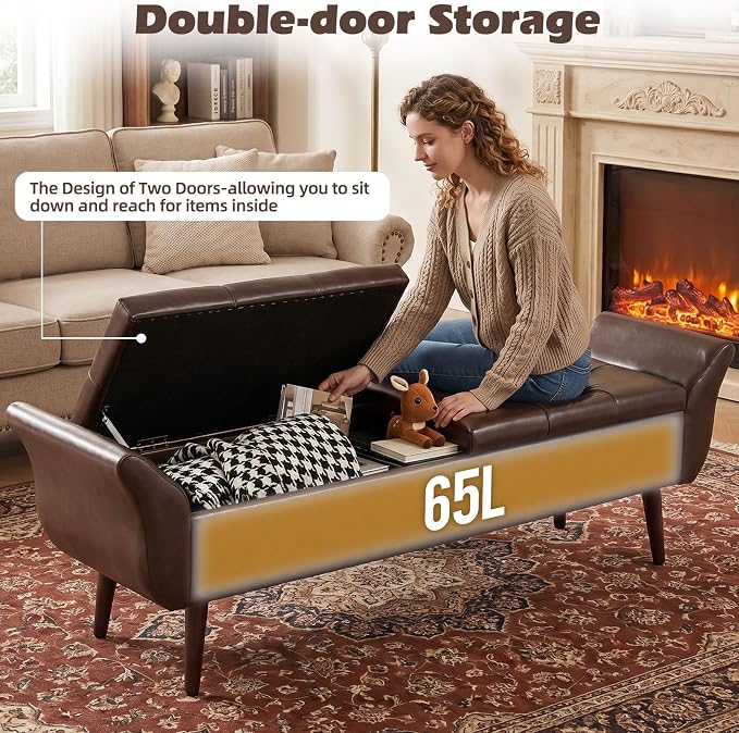 Storage Ottoman Bench 64’’Length 65L Faux Leather End of King Bed Bench