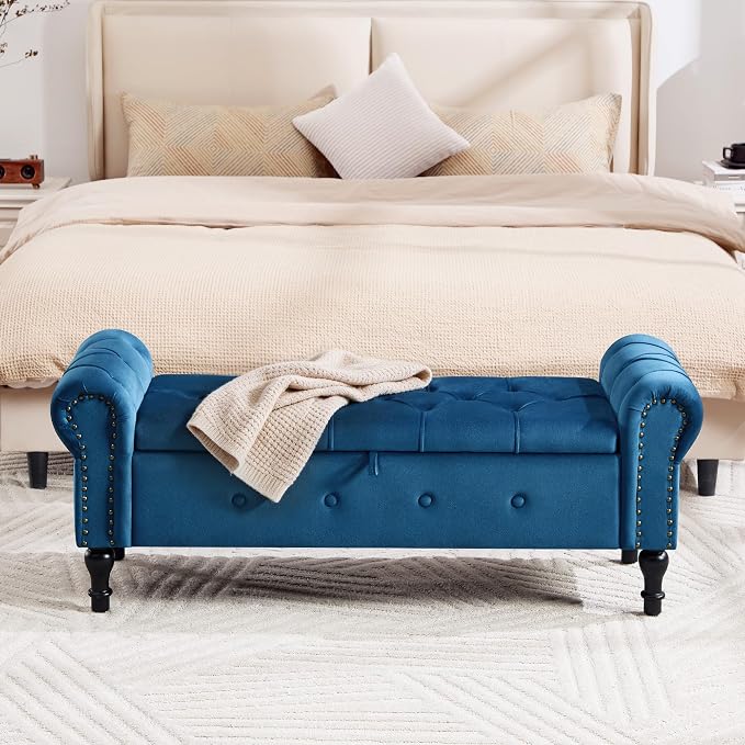 Storage Bench 51" Velvet End of Bed Benches Navy Blue | Queen Size Storage Bench for Bedroom with Rolled Arms Tufted Ottoman Benches Upholstered Bench for Living Room Entryway