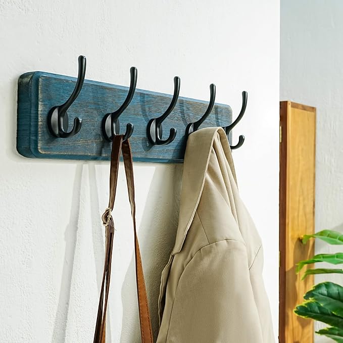 Coat Rack Wall: Patented, Heavy-Duty, 5-Double-Hooks Wooden Wall Mounted Coat Rack Coat Hanger Hook Rail for Winter Coats Hat Jacket Clothing, Weathered Blue