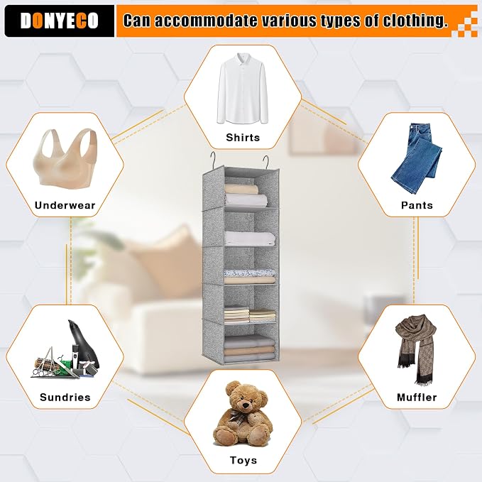 Hanging Closet Organizer 5-Shelf, Oxford Linen Wardrobe Storage, Gray | Easy-mount foldable design holds clothes, handbags, shoes & accessories; washable Oxford fabric, sturdy and space-saving.