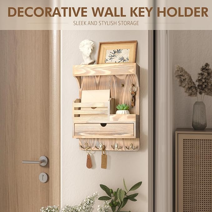 Rebee Vision Key Holder Wall Mount with Drawer for Entryway, Natural Wood | Key Holder for Wall, 6 Key Hooks, Wall Shelf, Drawer Organizer, Mail Sorter, Key Hanger Home Decor, Decorative Home Storage