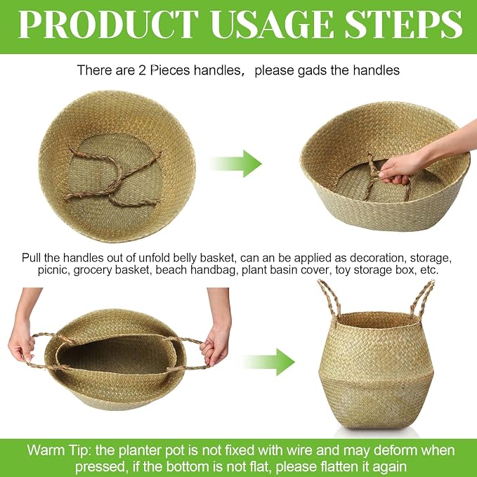 Qunclay 4 Pcs Woven Seagrass Baskets Belly Basket Folding Boho Natural Plant Pot with Handles Round Decorative Wicker Large Indoor Planter for Home Outdoor Tree Planters Decor (XL,12''dx13.8''h)