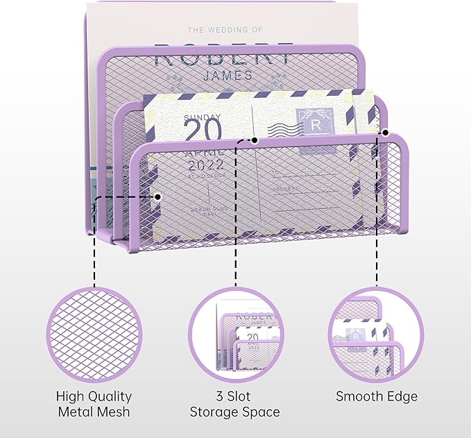 Mail Organizer Countertop for Desk, Mail File Holder with 3-Slot, Purple | Metal Mesh Mail Sorter for Letters, Envelopes, Bills, and Files for Home Offices, Classroom Organization