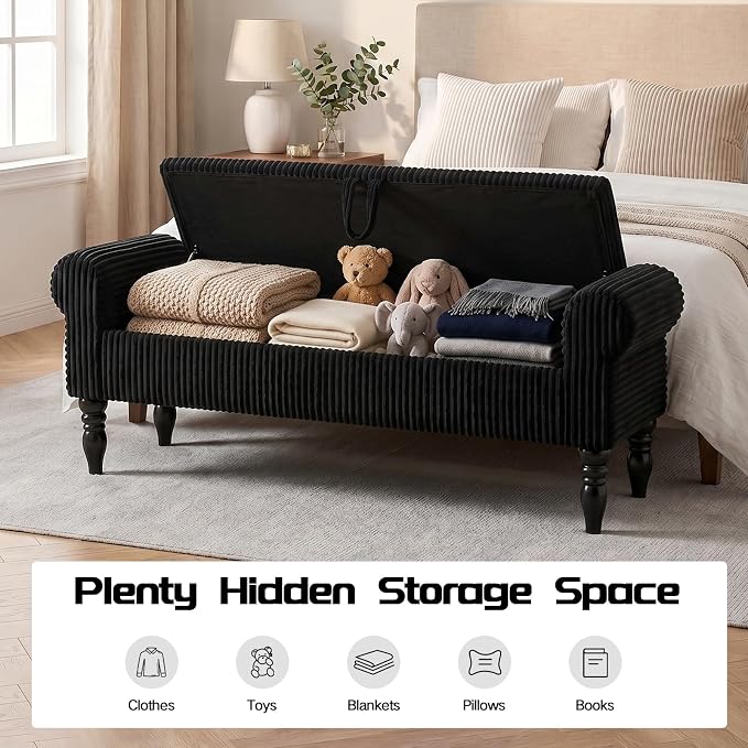 60" Storage Bench for Bedroom,End of Bed Bench with Storage | Corduroy King Size Bench with Rolled Arms,Storage Ottoman Benches for Living Room,Entryway,Benches for Foot of Bed,Black