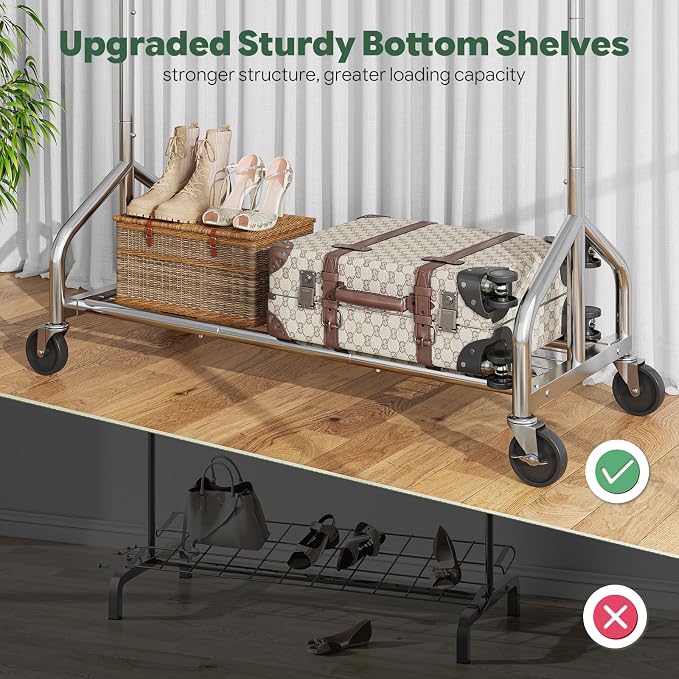 Simple Trending Heavy Duty Clothes Rack, Portable Closet, 420 LBS, Silver | Clothing Rack With Mesh Shelf, Industrial Garment Rack, Wardrobe Closet, 360°Lockable Wheels, for Bedroom, Laundry Room