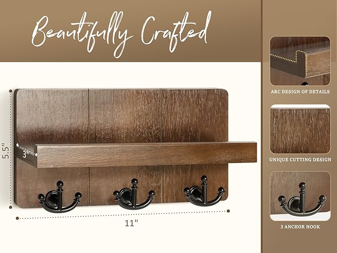 Rebee Vision Key Holder Wall Mount with 3 Hooks for Entryway, Retro Brown | Key Holder for Wall, Floating Shelf, Plant Display, Mail Organizer, Anchor Key Hanger, Rustic Storage, Decorative Home Decor