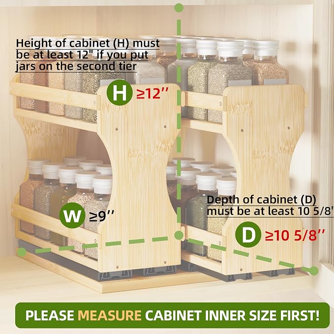 BAMEOS Pull Out Spice Rack Organizer for Cabinet, Bamboo Wide 9" Slide Out Seasoning Organizer for Kitchen, No Drill Anti-Tip Ball Bearing Silent Glides, Pantry Cabinet Organizer, Natural